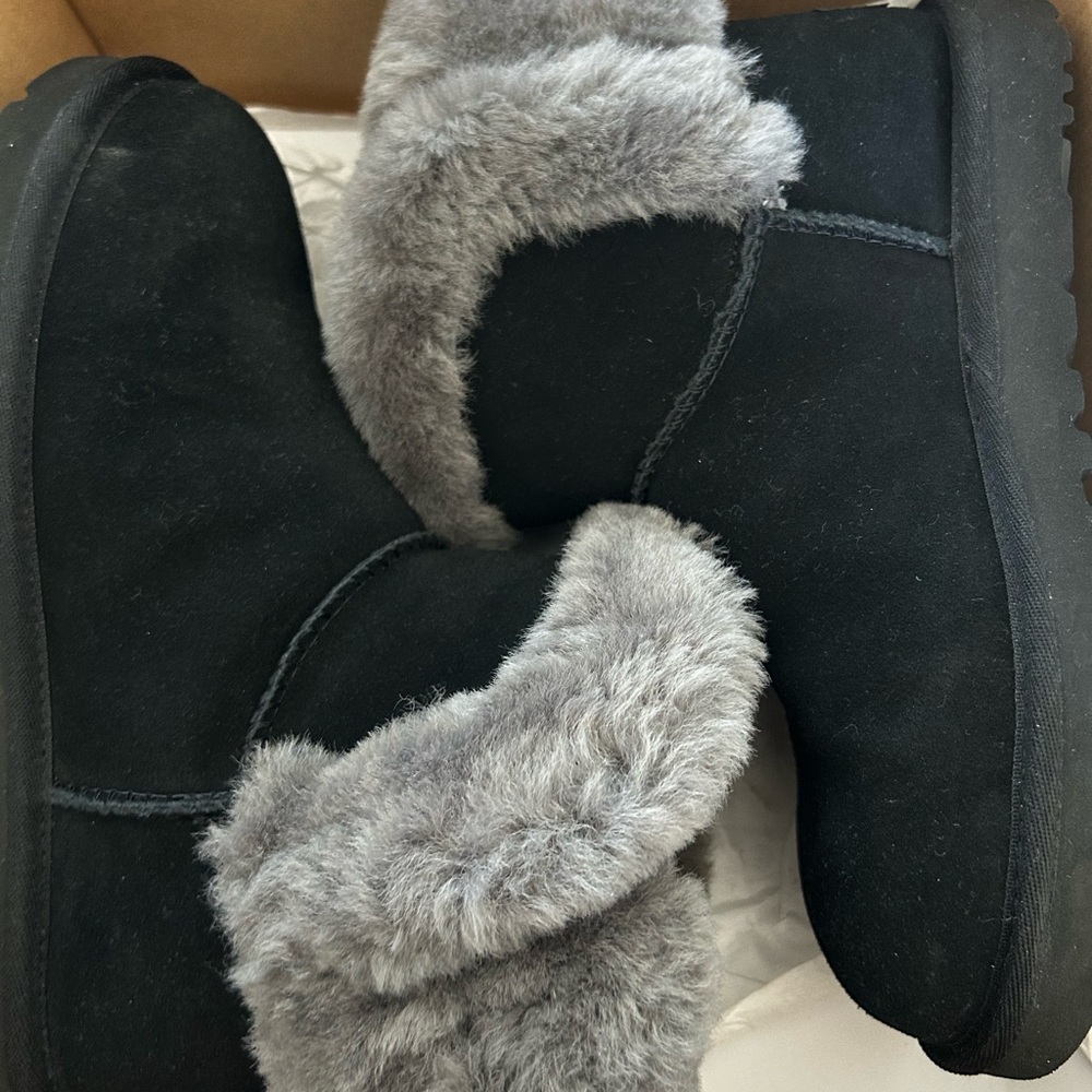 UGG Black Suede Boots with Gray Fur